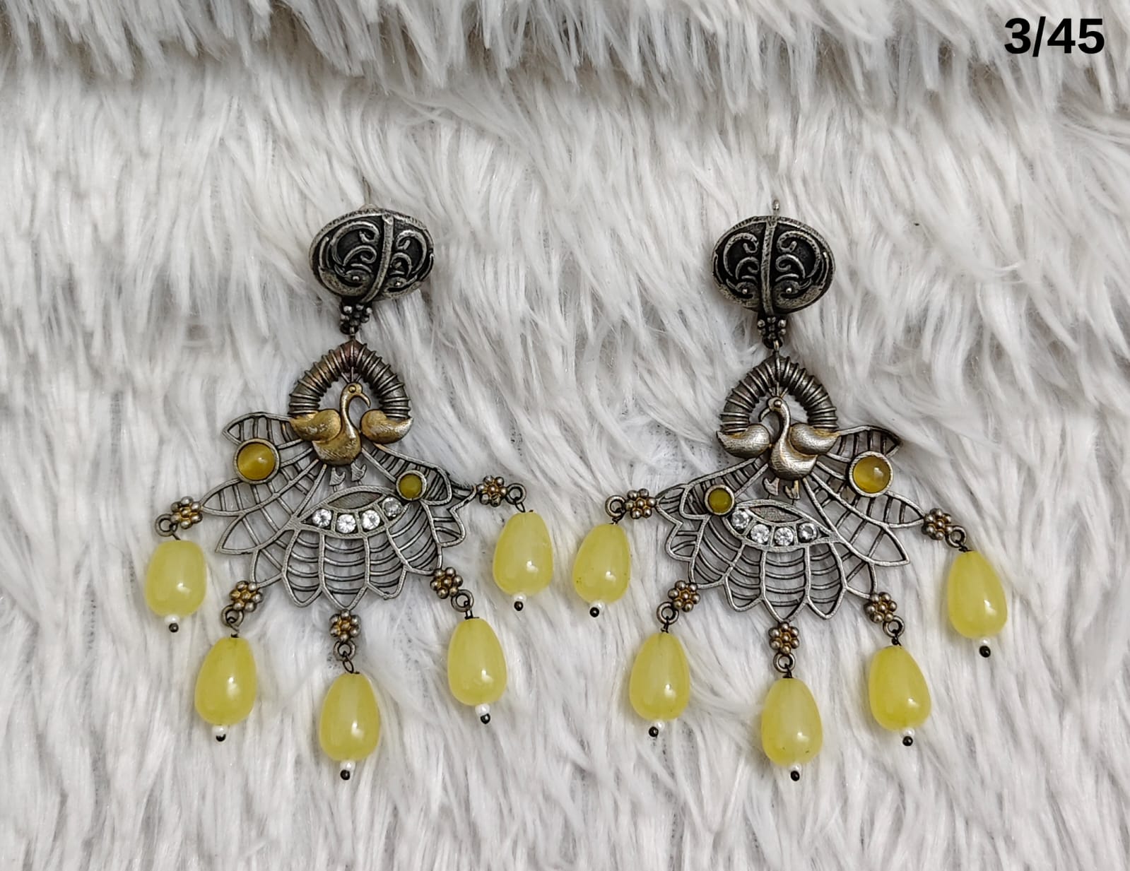 Oxidised Peacock Drop Earrings with Beaded Danglers – Traditional Design